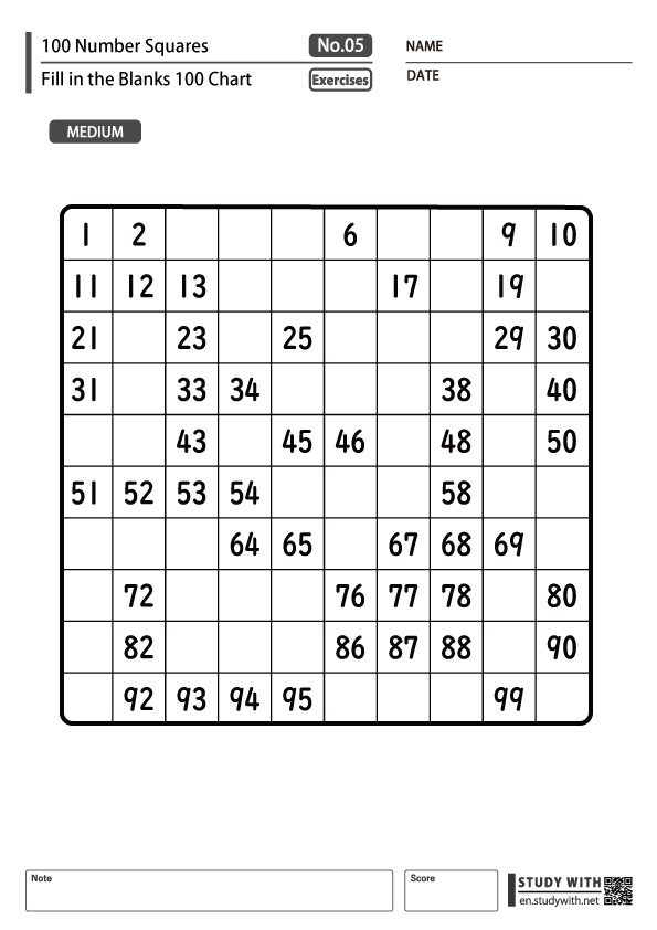 [Number Squares] Fill in the Blanks 1 – 100 Chart Medium – Free ...