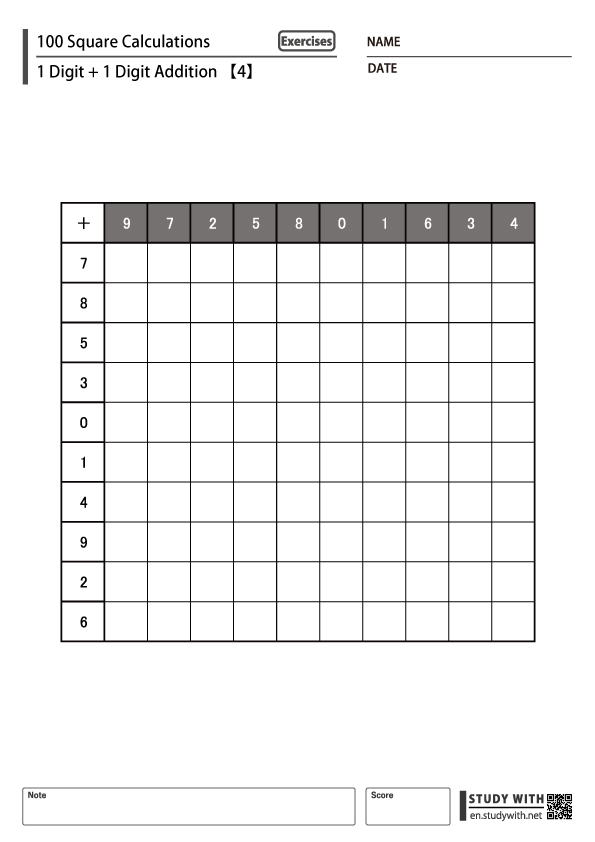 [1st Grade] 100 Square – 1 Digit + 1 Digit Addition #4 – [5 Worksheets ...